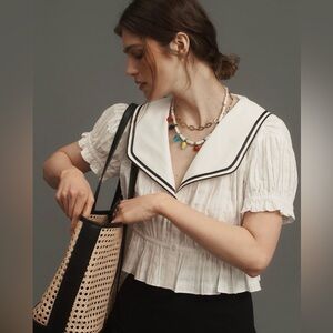 Maeve Pleated Sailor Collar Crop Button-Front Top | Anthropologie M